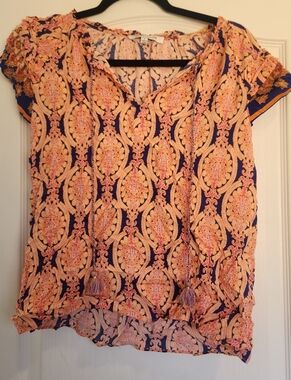 Rose & Olive Peach and Navy Boho Tassel Peasant Blouse L Euc